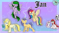 Size: 1024x576 | Tagged: safe, artist:jessy, imported from derpibooru, lyra heartstrings, sweetie belle, oc, oc:emerald may, oc:lynn, oc:palette swap, oc:rainbow rush, oc:tafkal, earth pony, pegasus, pony, unicorn, zebra, :o, annoyed, bedroom eyes, eye contact, flying, glasses, grin, irrational exuberance, jananimations, looking at you, looking up, magic, raised hoof, sitting, smiling, spread wings, telekinesis, walking, wink