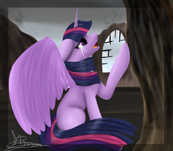 Size: 3000x2600 | Tagged: safe, artist:annaslolart, imported from derpibooru, twilight sparkle, alicorn, pony, twilight's kingdom, blank flank, broken glass, broken window, crying, female, golden oaks library, mare, ruins, save tree, smoke, solo, twilight sparkle (alicorn)