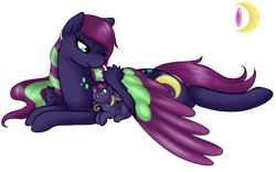 Size: 935x583 | Tagged: safe, artist:mondlichtkatze, imported from derpibooru, oc, oc only, pegasus, pony, duo, female, foal, lying down, mare, prone