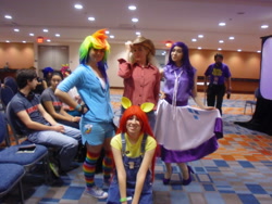 Size: 3264x2448 | Tagged: artist needed, safe, artist:naturesrose, artist:rainboo-ashe, imported from derpibooru, apple bloom, applejack, rainbow dash, rarity, human, 2013, animate! miami, convention, cosplay, irl, irl human, measuring tape, photo