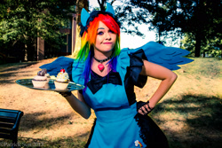 Size: 2048x1365 | Tagged: safe, artist:destinycosplay, imported from derpibooru, rainbow dash, human, clothes, cosplay, cupcake, irl, irl human, maid, photo, rainbow maid, solo