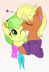 Size: 564x821 | Tagged: safe, artist:arcum42, artist:xioade, color edit, edit, imported from derpibooru, chickadee, ms. harshwhinny, ms. peachbottom, colored, female, harshbottom, heart, kissing, lesbian, shipping, wholesome