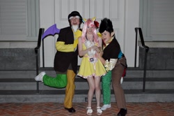 Size: 2048x1358 | Tagged: artist needed, safe, imported from derpibooru, discord, fluttershy, human, 2014, convention, cosplay, eris, irl, irl human, katsucon, katsucon 2014, photo, plushie, rule 63, short dress