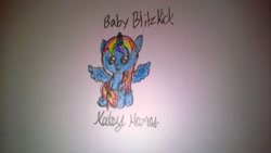 Size: 3552x2000 | Tagged: safe, artist:katey hanes, imported from derpibooru, oc, oc only, alicorn, pony, alicorn oc, baby, not rainbow dash, rainbow hair, sitting, solo, traditional art