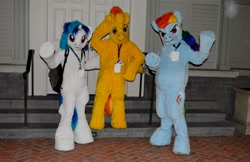 Size: 2048x1329 | Tagged: artist needed, safe, imported from derpibooru, dj pon-3, rainbow dash, spitfire, vinyl scratch, human, 2014, convention, cosplay, fursuit, irl, irl human, katsucon, katsucon 2014, photo