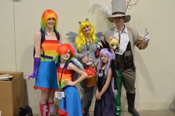 Size: 2048x1362 | Tagged: artist needed, safe, artist:the whovian family, imported from derpibooru, derpy hooves, discord, princess luna, rainbow dash, human, 2014, clothes, convention, cosplay, gloves, hat, irl, irl human, katsucon, katsucon 2014, photo, target demographic, top hat