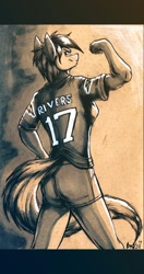 Size: 474x900 | Tagged: safe, artist:boneitis, imported from derpibooru, rainbow dash, anthro, american football, bicep, clothes, female, flexing, jersey, looking back, nfl, philip rivers, pose, san diego chargers, shorts, smirk, solo, wingless, wingless anthro