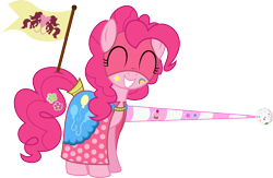 Size: 1379x900 | Tagged: safe, artist:parclytaxel, artist:xenoneal, imported from derpibooru, pinkie pie, .svg available, cape, clothes, cute, eyes closed, female, grin, jousting, lance, mask, simple background, smiling, solo, svg, transparent background, vector