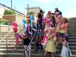Size: 2048x1536 | Tagged: artist needed, safe, imported from derpibooru, applejack, discord, fluttershy, pinkie pie, rainbow dash, rarity, twilight sparkle, human, 2013, connecticon, convention, cosplay, group photo, irl, irl human, mane six, photo, stairs, target demographic