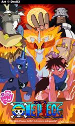 Size: 756x1271 | Tagged: safe, artist:droll3, imported from derpibooru, discord, princess celestia, princess luna, bartholomew kuma, crossover, fanfic art, fire, gear second, monkey d luffy, monkey d. luffy, one piece, ponified