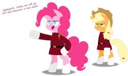 Size: 2935x1754 | Tagged: safe, artist:zacatron94, imported from derpibooru, applejack, pinkie pie, pony, bipedal, clothes, crossover, dialogue, futurama, parody, simple background, transparent background, uniform