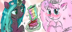 Size: 920x415 | Tagged: safe, artist:mrscurlystyles, imported from derpibooru, queen chrysalis, oc, oc:fluffle puff, birthday, cake, tiara