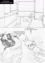 Size: 918x1300 | Tagged: safe, artist:leovictor, imported from derpibooru, princess luna, crowbar, headset, monochrome