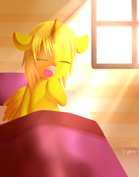 Size: 1419x1800 | Tagged: safe, artist:sion, imported from derpibooru, oc, oc only, oc:ticket, alicorn, pony, alicorn oc, bed, eyes closed, morning, solo, waking up, window, yawn