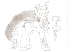 Size: 1600x1162 | Tagged: safe, artist:jmkplover, imported from derpibooru, pony, armor, cape, clothes, mjölnir, ponified, solo, thor, wink