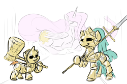 Size: 1705x1128 | Tagged: safe, artist:nobody, imported from derpibooru, princess celestia, snails, snips, armor, dark souls, dragon slayer ornstein, executioner smough, parody, weapon