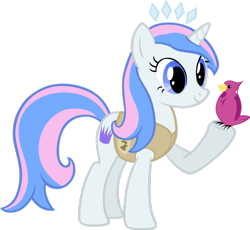 Size: 931x858 | Tagged: safe, artist:liggliluff, imported from derpibooru, oc, oc only, oc:princess paradise, bird, pony, unicorn, animal team, raised hoof, simple background, solo, tiara, transparent background, vector, winter wrap up vest