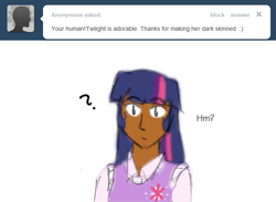 Size: 655x480 | Tagged: safe, artist:funakounasoul, imported from derpibooru, twilight sparkle, human, ask, dark skin, female, humanized, solo, tumblr