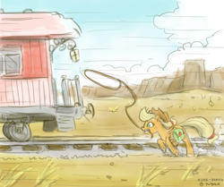 Size: 1000x834 | Tagged: safe, artist:king-kakapo, imported from derpibooru, applejack, earth pony, pony, chase, female, galloping, gritted teeth, lasso, late, mouth hold, running, solo, train, wide eyes