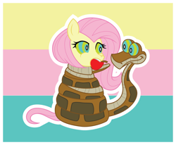 Size: 2169x1784 | Tagged: safe, artist:brayburnman, imported from derpibooru, fluttershy, pegasus, pony, snake, apple, apple gag, coils, food, gag, imminent vore, kaa, mind control, peril