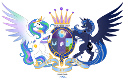 Size: 3000x1890 | Tagged: safe, artist:bluest-ayemel, imported from derpibooru, princess celestia, princess luna, alicorn, pony, coat of arms, crest, crown, earth pony tribe, female, latin, mare, pegasus tribe, rearing, simple background, spread wings, transparent background, unicorn tribe