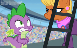 Size: 612x380 | Tagged: safe, imported from derpibooru, screencap, ms. harshwhinny, spike, equestria games (episode), entertainment weekly, equestria games, frown, glare, gritted teeth, nervous