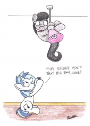 Size: 1514x2117 | Tagged: safe, artist:bobthedalek, imported from derpibooru, dj pon-3, octavia melody, vinyl scratch, earth pony, pony, spider, unicorn, arachnophobia, hanging, lampshade, nope, scared, traditional art