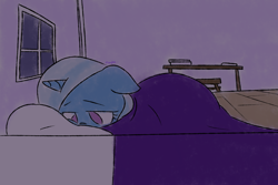 Size: 1280x853 | Tagged: safe, artist:bakasan, deleted from derpibooru, imported from derpibooru, trixie, pony, unicorn, the little magician, bed, blanket, female, mare, sad, solo