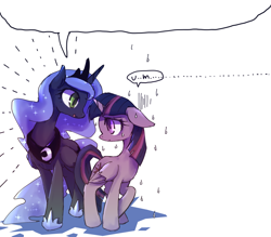 Size: 1000x876 | Tagged: safe, artist:kolshica, imported from derpibooru, princess luna, twilight sparkle, alicorn, pony, comic, eye contact, female, floppy ears, mare, nervous, open mouth, out of context, smiling, speech bubble, sweat, twilight sparkle (alicorn)