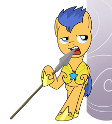 Size: 903x1000 | Tagged: safe, artist:madmax, imported from derpibooru, flash sentry, pegasus, pony, hoof hold, idiot sentry, improvised toothpick, leaning, male, solo, spear, stallion, teeth, this will end in tears, toothpick