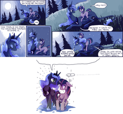Size: 1941x1800 | Tagged: safe, artist:kolshica, imported from derpibooru, princess luna, twilight sparkle, alicorn, classical unicorn, pony, comic, cute, eye contact, eyes closed, female, floppy ears, leonine tail, lunabetes, mare, moon, nervous, night, on top, open mouth, parody, phoebe and her unicorn, ponies riding ponies, prone, raised hoof, riding, smiling, speech bubble, style emulation, sweat, twiabetes, twilight riding luna, twilight sparkle (alicorn), unshorn fetlocks