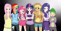 Size: 3916x2000 | Tagged: safe, artist:deathfirelove, artist:noirinmarudon, imported from derpibooru, applejack, fluttershy, pinkie pie, rainbow dash, rarity, spike, twilight sparkle, human, humanized