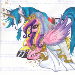 Size: 1024x1024 | Tagged: safe, artist:alaer, imported from derpibooru, princess cadance, shining armor, traditional art, watermark