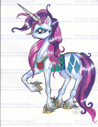Size: 1527x1987 | Tagged: safe, artist:alaer, imported from derpibooru, rarity, classical unicorn, clothes, cloven hooves, female, leonine tail, solo, traditional art, vest, watermark