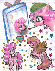 Size: 1533x1987 | Tagged: safe, artist:alaer, imported from derpibooru, pinkie pie, pegasus, pony, female, mouth hold, paintbrush, painting, race swap, solo, stars, traditional art, watermark