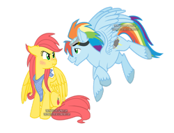 Size: 900x689 | Tagged: safe, artist:thephoebster, imported from derpibooru, oc, oc only, oc:storm, oc:suncrisp, offspring, parent:big macintosh, parent:fluttershy, parent:rainbow dash, parent:soarin', parents:fluttermac, parents:soarindash, unshorn fetlocks