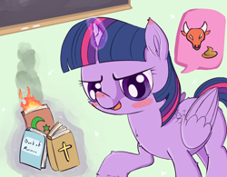 Size: 1024x800 | Tagged: safe, artist:a6p, imported from derpibooru, twilight sparkle, alicorn, bull, pony, antitheism, bible, book, book burning, bullshit, chalk, chalkboard, christianity, crescent, cross, female, fire, islam, magic, mormonism, mouthpiece, op is trying to start shit, poop, qur'an, reaction image, religion, religion in the comments, solo, stars, twilight sparkle (alicorn)