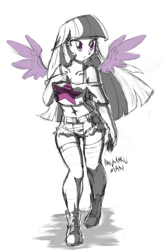 Size: 900x1371 | Tagged: safe, artist:danmakuman, imported from derpibooru, twilight sparkle, human, belly button, clothes, daisy dukes, female, grayscale, humanized, midriff, monochrome, neo noir, partial color, sketch, solo, twilight sparkle (alicorn), winged humanization