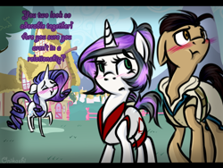 Size: 640x480 | Tagged: safe, artist:onikashi, imported from derpibooru, rarity, oc, earth pony, pony, unicorn, :t, blushing, clothes, embarrassed, eyes closed, floppy ears, frown, pouting, raised hoof, shipper on deck