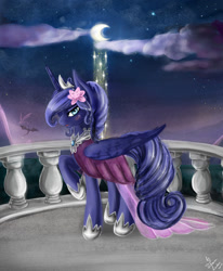 Size: 1505x1823 | Tagged: safe, artist:wilvarin-liadon, imported from derpibooru, princess luna, dragon, alternate hairstyle, balcony, clothes, dress, female, flower, flower in hair, moon, raised hoof, solo
