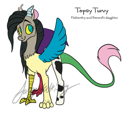 Size: 993x909 | Tagged: safe, artist:fairytalekitty, imported from derpibooru, oc, oc only, oc:topsy turvy, hybrid, interspecies offspring, offspring, parent:discord, parent:fluttershy, parents:discoshy, simple background, solo, white background