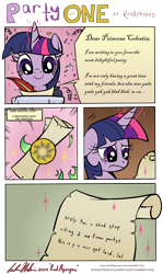 Size: 3835x6427 | Tagged: safe, artist:redapropos, imported from derpibooru, twilight sparkle, comic, confetti, floppy ears, forever alone, frown, magic, party, sad, scroll, smiling, telekinesis, trollestia, vulgar, writing