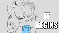 Size: 673x379 | Tagged: safe, artist:vanripper, imported from derpibooru, rarity, fanfic:like fine wine, fanfic, female, frown, gem, glasses, hoof hold, it begins, open mouth, reaction image, shocked, simple background, solo, text, the simpsons, wide eyes
