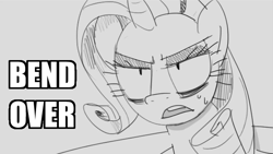 Size: 673x379 | Tagged: safe, artist:vanripper, imported from derpibooru, rarity, fanfic:like fine wine, bend over, fanfic, female, monochrome, reaction image, simple background, solo, text