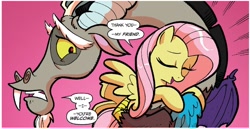 Size: 1286x665 | Tagged: safe, idw, imported from derpibooru, discord, fluttershy, friends forever, spoiler:comic, spoiler:comicff5, cropped, cute, discute, eyes closed, frown, gritted teeth, hug, open mouth, smiling