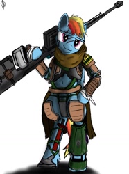 Size: 1475x1979 | Tagged: safe, artist:greyscaleart, imported from derpibooru, rainbow dash, pegasus, pony, armor, belly button, bipedal, clothes, female, gun, hooves, mare, optical sight, rifle, scar, simple background, sniper rifle, soldier, solo, weapon, white background, wings