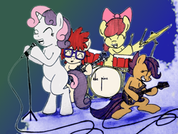 Size: 960x720 | Tagged: safe, artist:arcum42, artist:thecawofcrows, imported from derpibooru, apple bloom, scootaloo, sweetie belle, twist, colored, cutie mark crusaders, drums, guitar, microphone, musical instrument, singing