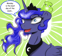 Size: 1650x1500 | Tagged: safe, artist:dawntrotter, imported from derpibooru, princess luna, alicorn, pony, blatant lies, brain slug, exploitable meme, female, futurama, horn, lies, mare, meme, mismatched eyes, monday, open mouth, sarcasm, smiling, solo, wide eyes