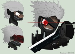 Size: 1055x757 | Tagged: safe, artist:ardonsword, imported from derpibooru, cyborg, earth pony, pony, blade, eyepatch, glare, glowing, glowing eyes, gray background, grin, hmd, hoof hold, jack the ripper, konami, male, metal gear, metal gear rising, ponified, raiden, rules of nature, simple background, slasher smile, solo, stallion, sword, visor
