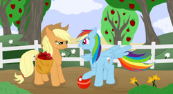 Size: 1000x548 | Tagged: safe, artist:salkridgh, imported from derpibooru, applejack, rainbow dash, apple, ball